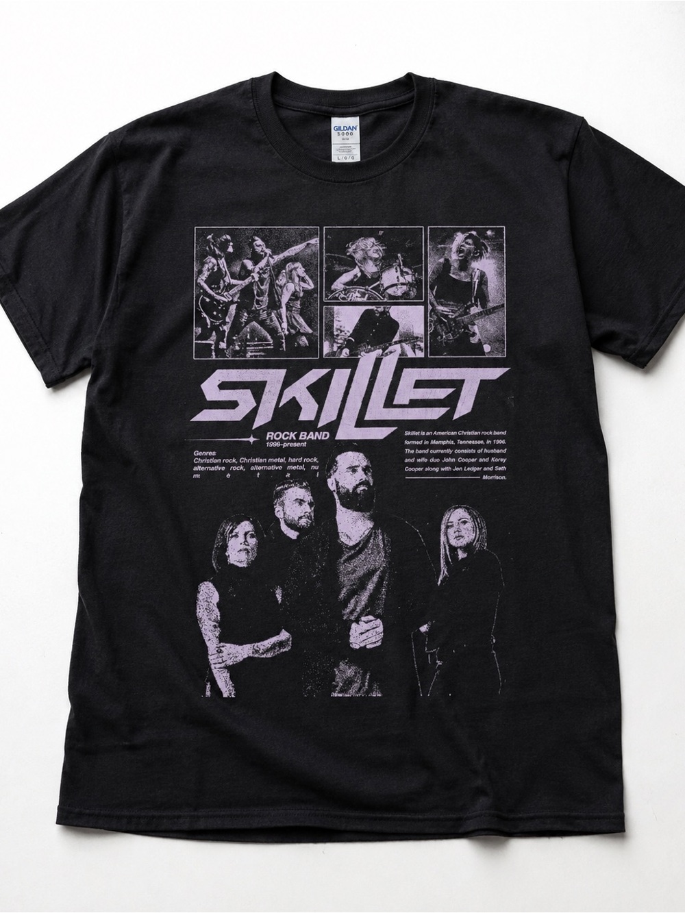 Gildan Black Tee with Lilac Skillet Band Collage Graphic